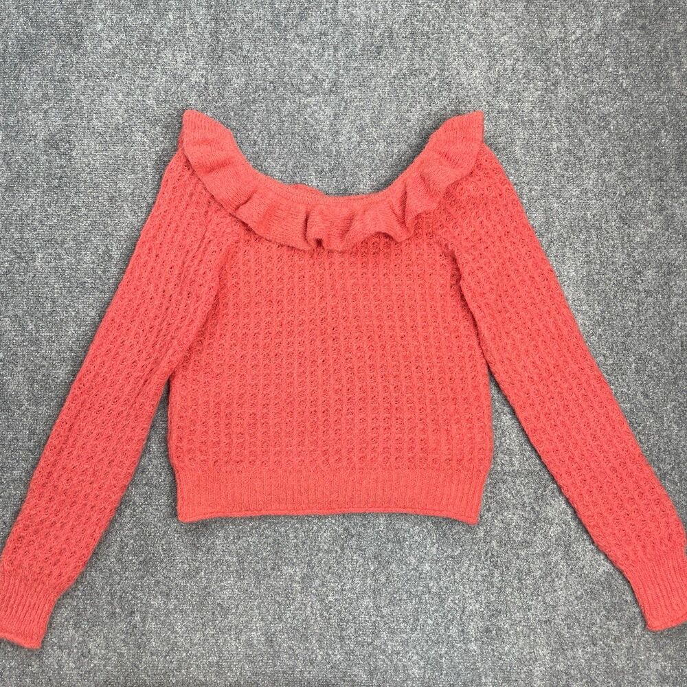 Anthropologie Sweater Womens Medium Ruffle Neck Waffle Knit Cropped Wool Blend - Picture 2 of 8